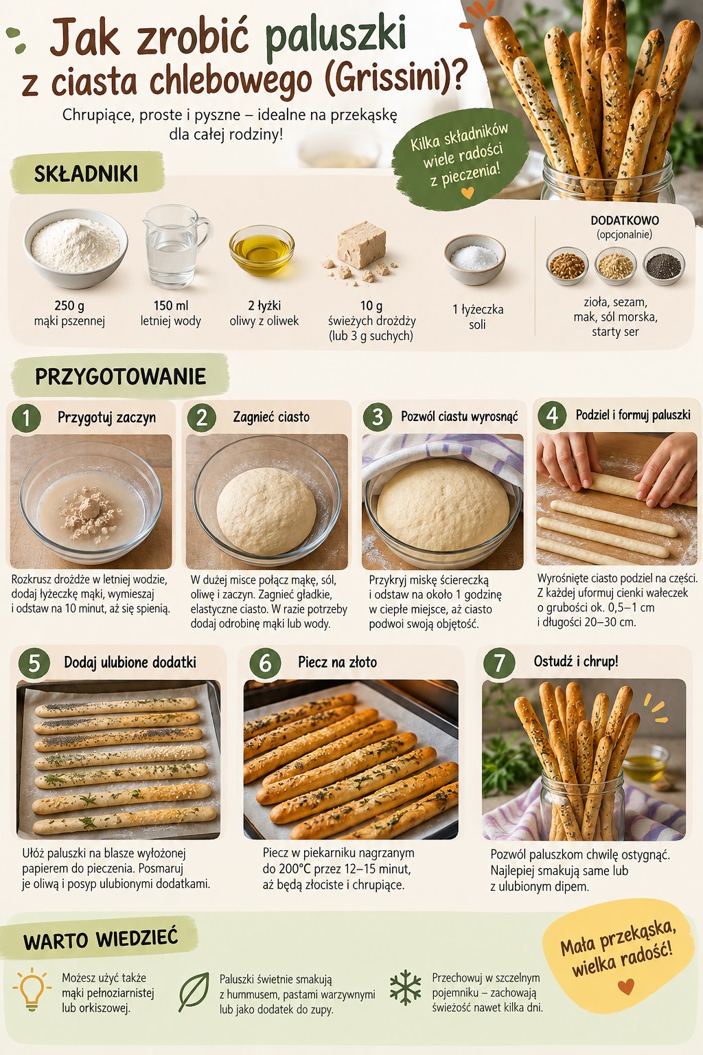 Infografika dla rodziców: przepis krok po kroku, jak zrobić domowe chrupkie paluszki chlebowe grissini dla dzieci.