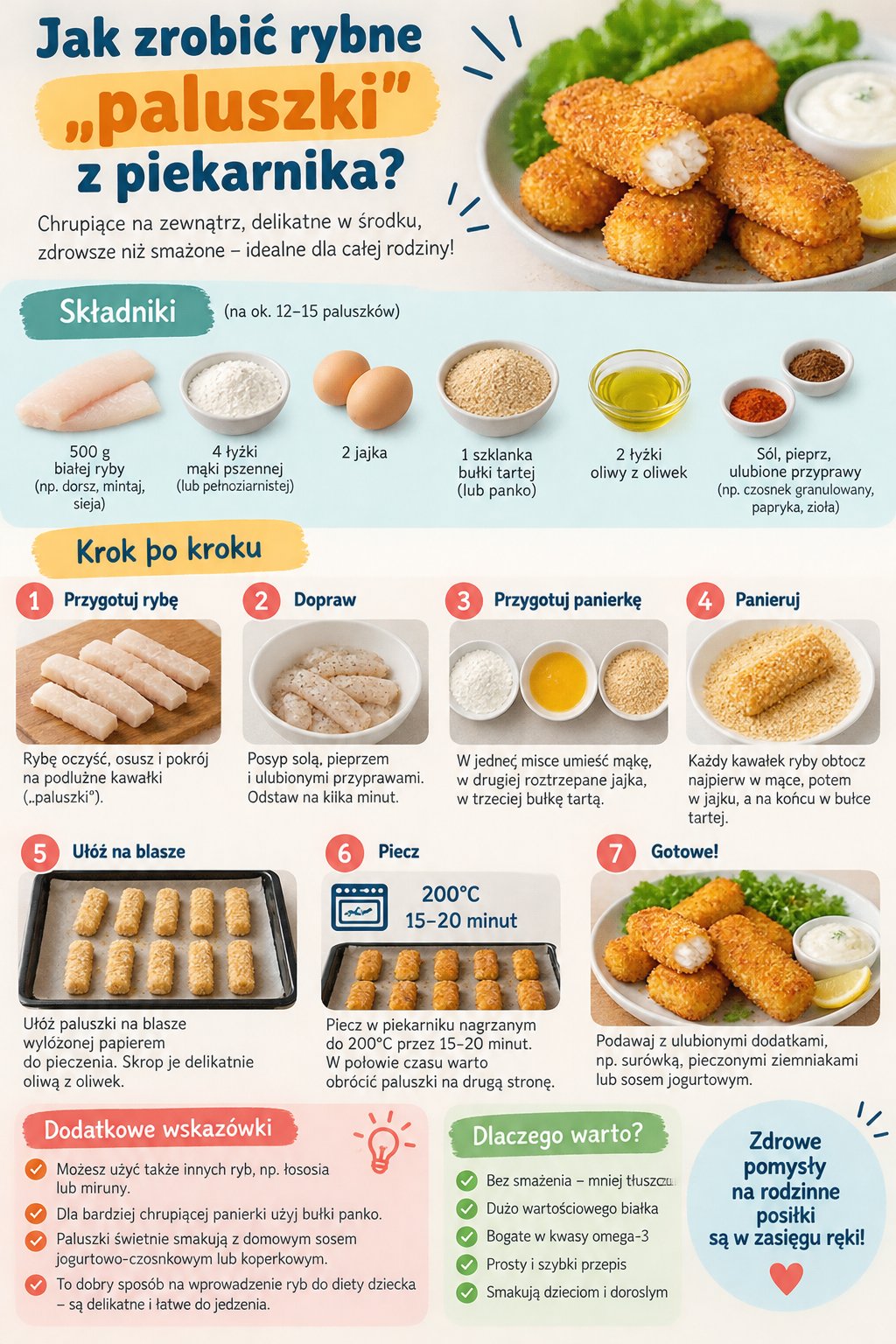 Infografika z przepisem krok po kroku na domowe, pieczone paluszki rybne z piekarnika dla dzieci na portal parentingowy.