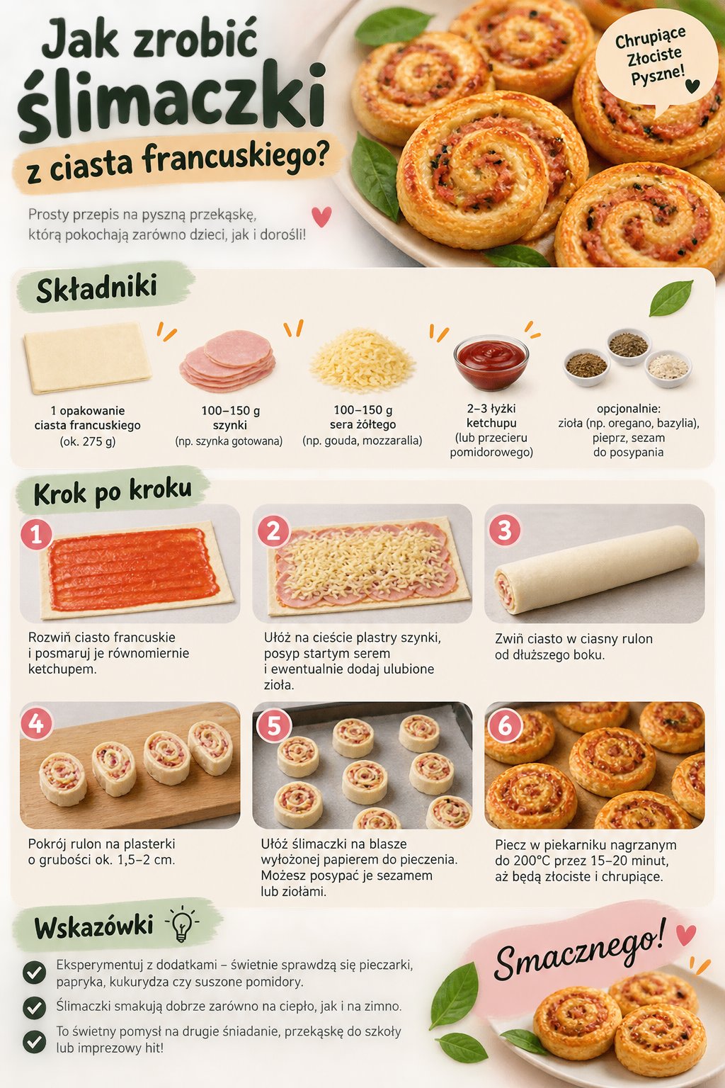 Infografika z przepisem krok po kroku: jak zrobić pyszne ślimaczki z ciasta francuskiego dla dzieci.