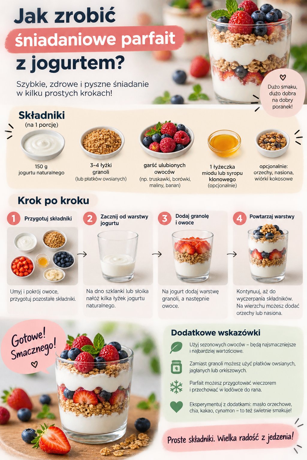 Infografika z przepisem krok po kroku, jak przygotować zdrowe śniadaniowe parfait z jogurtem i owocami dla dzieci.