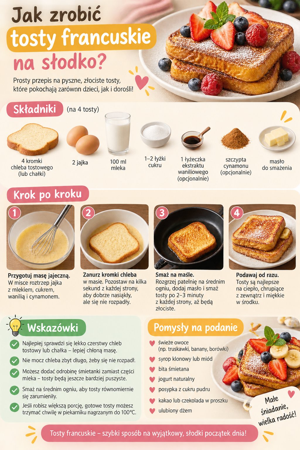 Infografika z przepisem krok po kroku: jak zrobić pyszne tosty francuskie na słodko dla dzieci.
