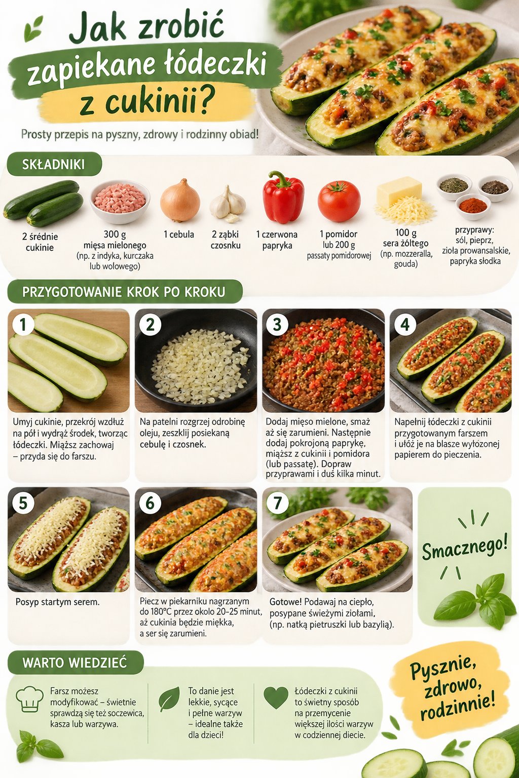 Infografika krok po kroku: jak przygotować zapiekane łódeczki z cukinii – prosty i zdrowy przepis dla całej rodziny.