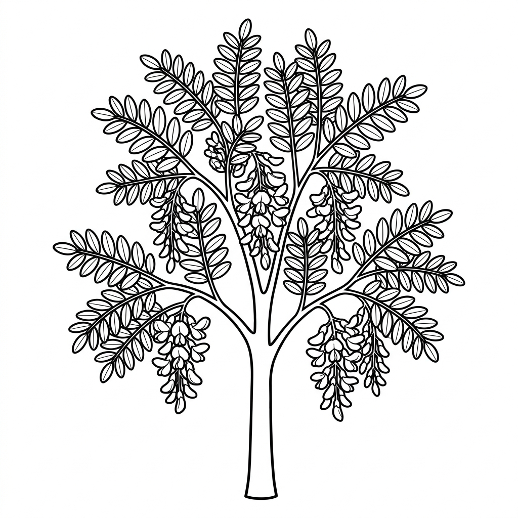 Kolorowanka drzewo robinia, czarno-białe kontury do druku, bez tła.