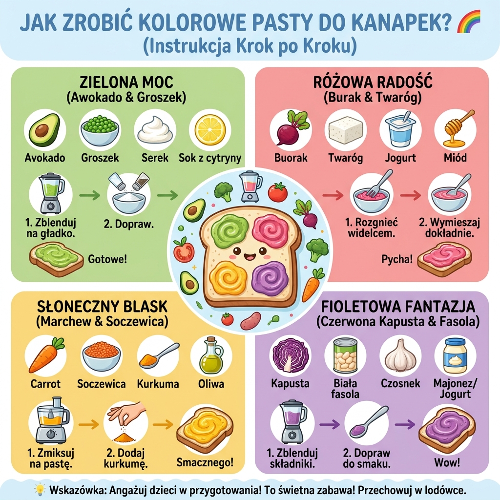 Infografika dla rodziców przedstawiająca krok po kroku, jak przygotować zdrowe i kolorowe pasty do kanapek dla dzieci w...