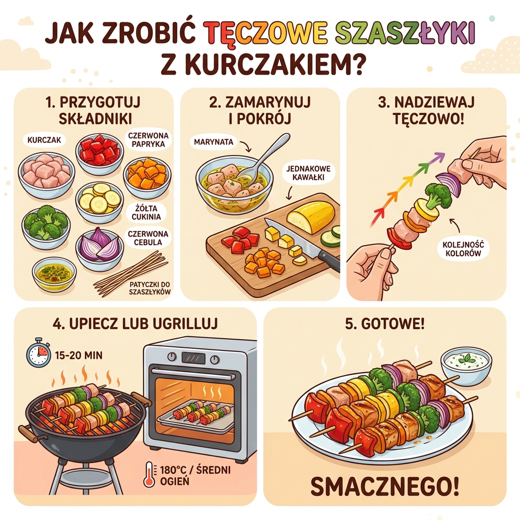Infografika przedstawiająca przepis krok po kroku na kolorowe, tęczowe szaszłyki z kurczakiem i warzywami dla dzieci.  ...