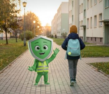 Dziecko z plecakiem idzie osiedlowym chodnikiem, obok Choduś, maskotka aplikacji ZgranaDroga