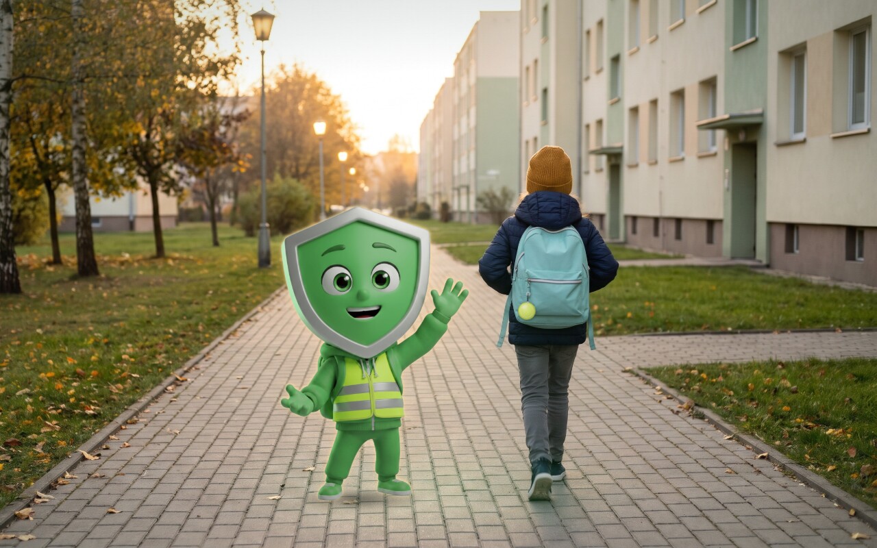 Dziecko z plecakiem idzie osiedlowym chodnikiem, obok Choduś, maskotka aplikacji ZgranaDroga
